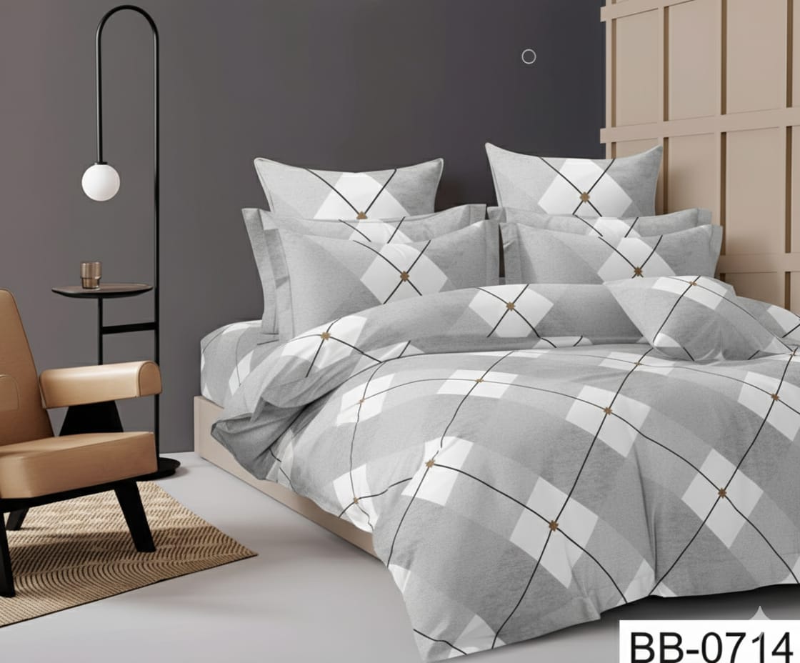 Grey White Candy Soft Mircrofibre Square Printed Bedsheet