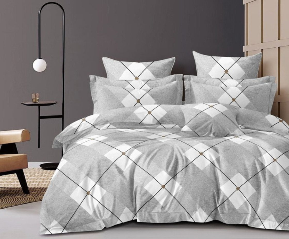 Grey White Candy Soft Mircrofibre Square Printed Bedsheet