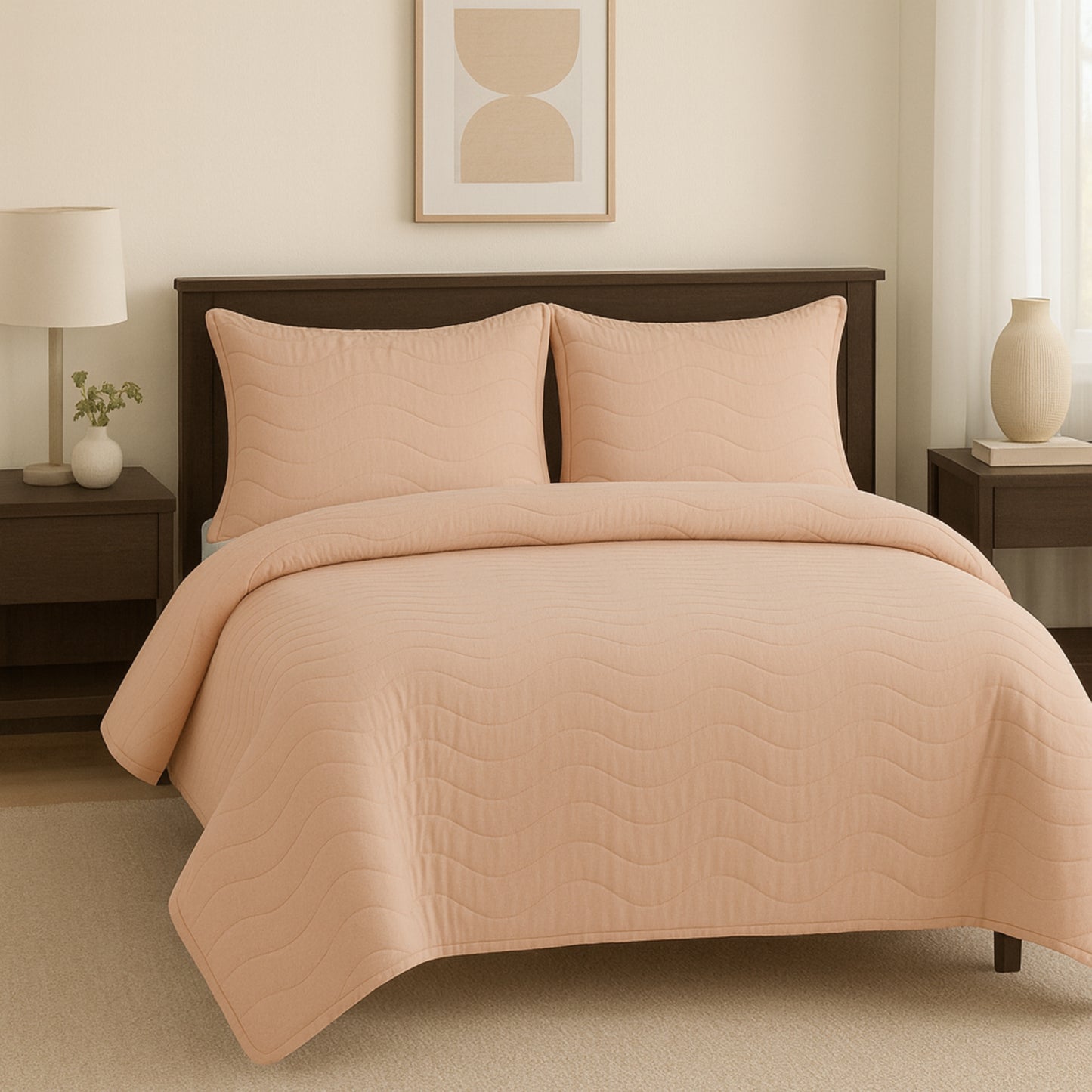 Peach Vistara Dyed Microfiber Solid Bed Cover Set