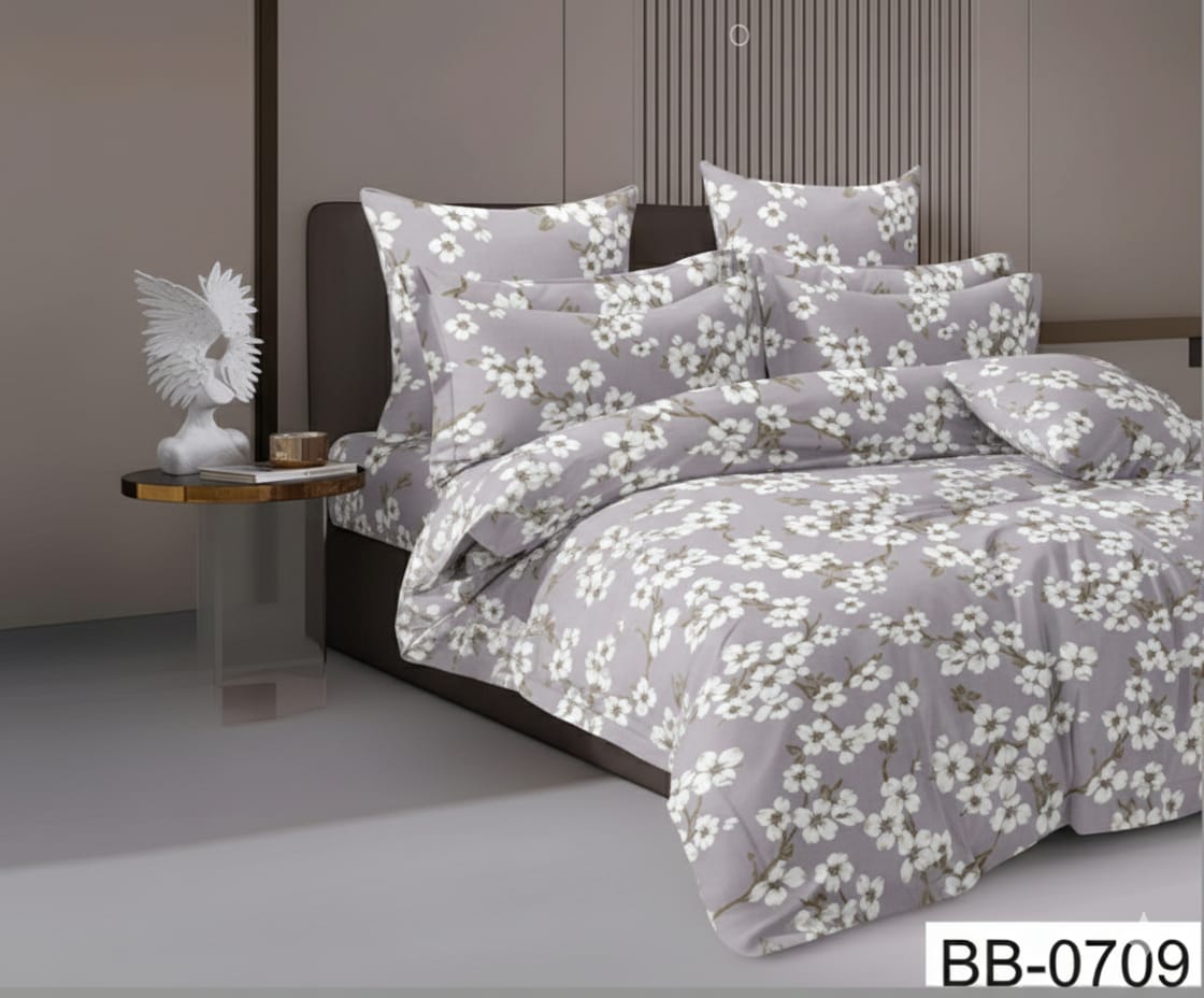 Grey White Candy Soft Mircrofibre Floral Printed Bedsheet