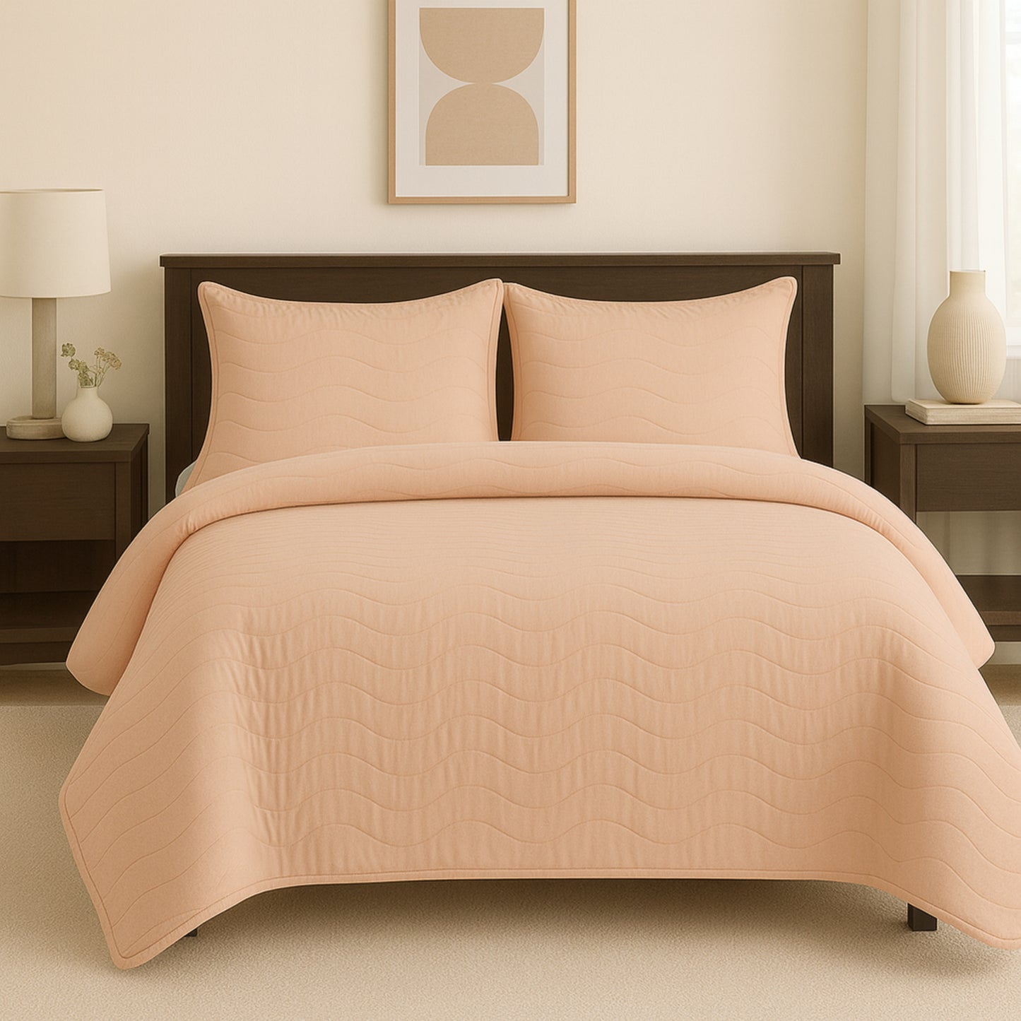 Peach Vistara Dyed Microfiber Solid Bed Cover Set