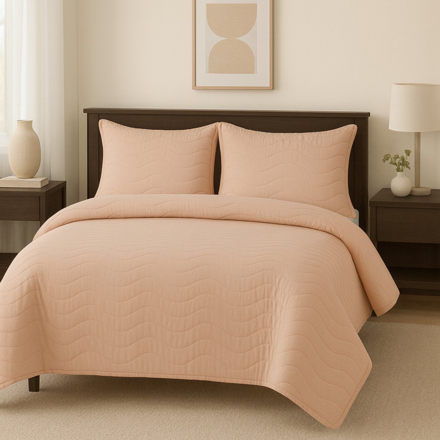 Peach Vistara Dyed Microfiber Solid Bed Cover Set