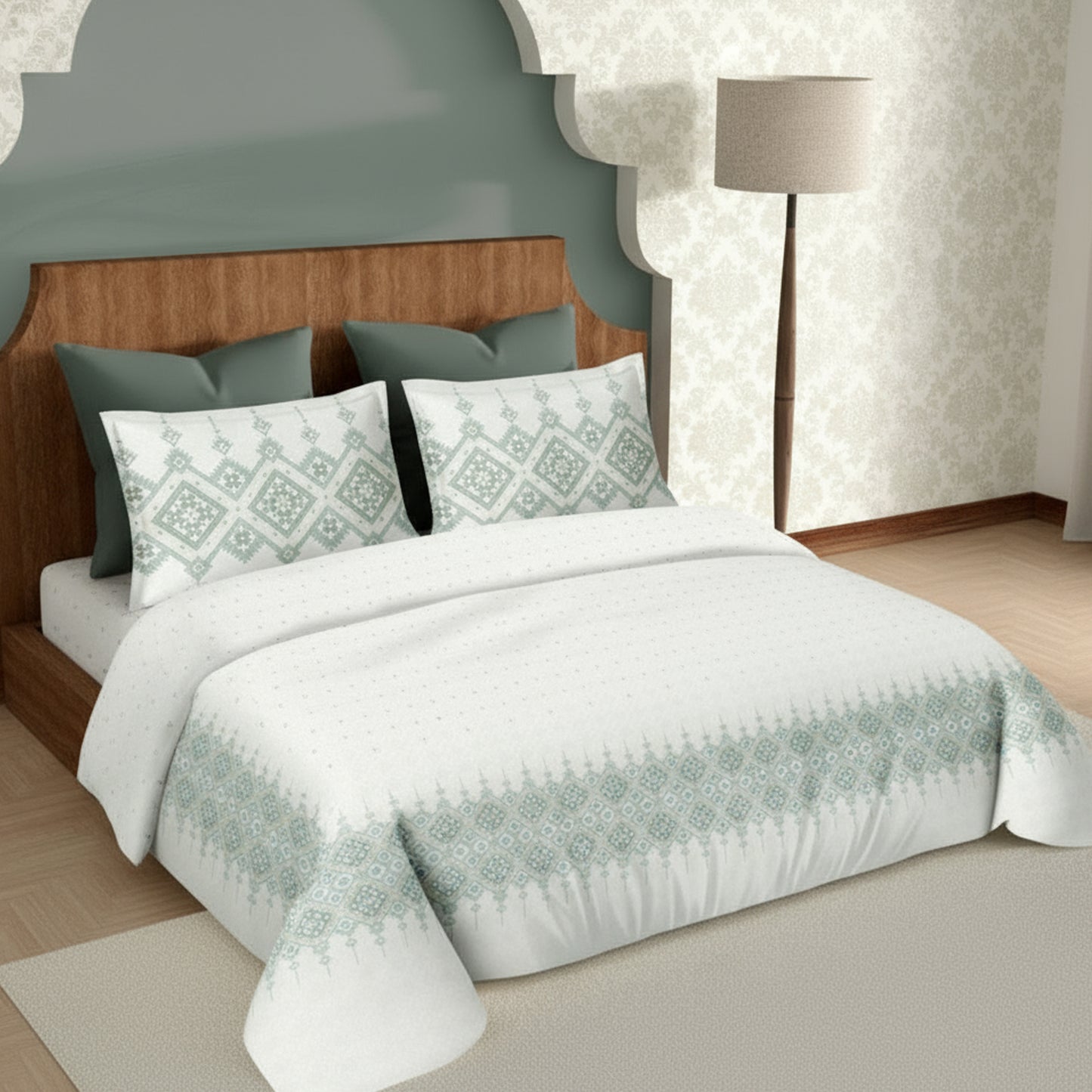 Harmony Fusion Pure Cotton Heritage Grid olive green Printed Bedsheet