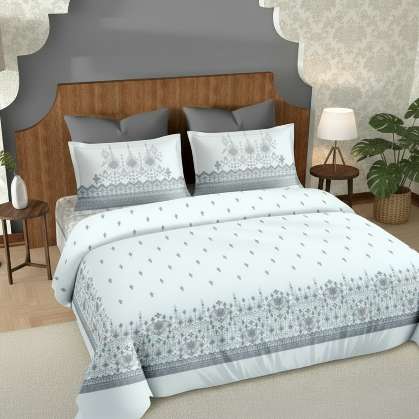 Harmony Fusion Pure Cotton geometric motif Grey Printed Bedsheet