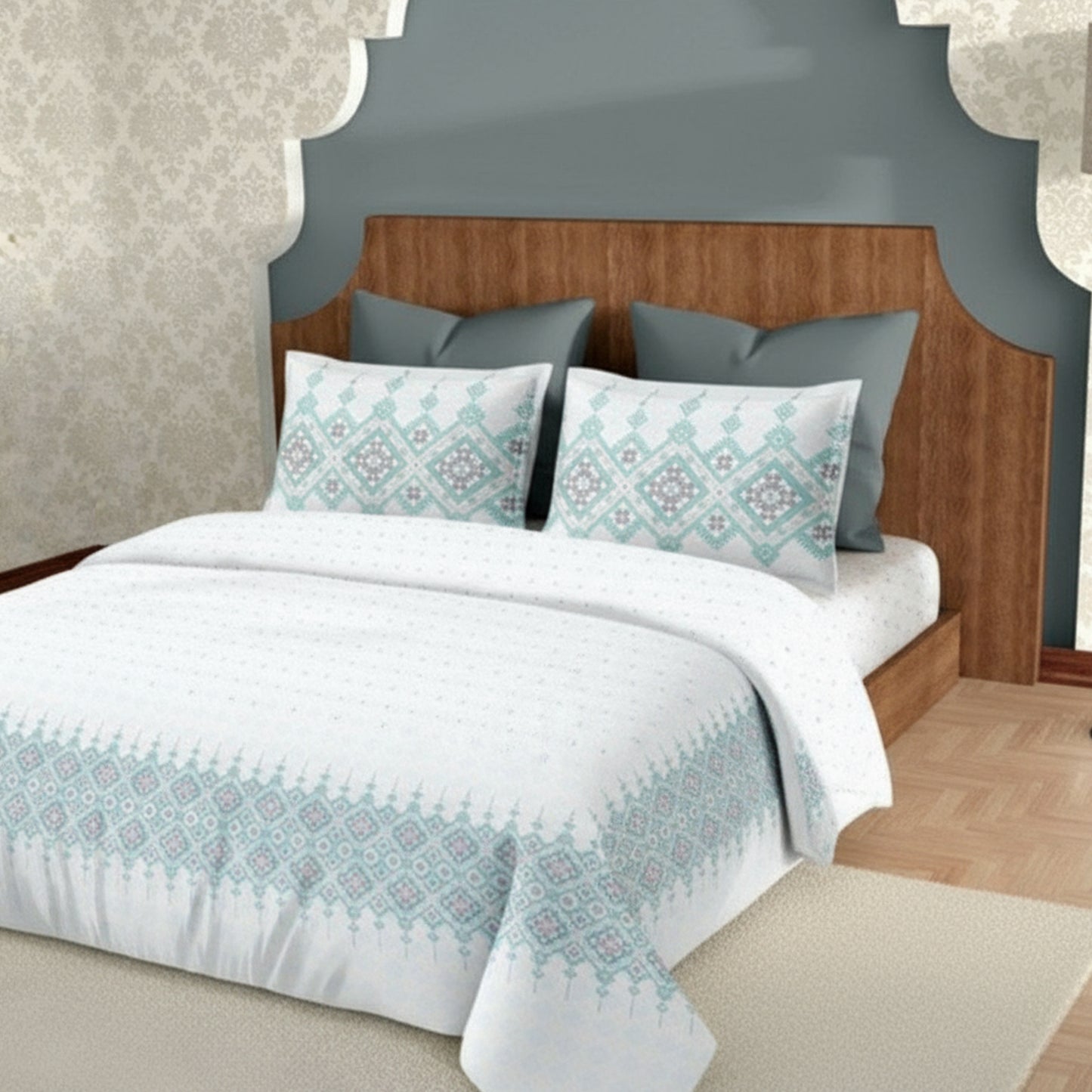 Harmony Fusion Pure Cotton Heritage Grid mist blue Printed Bedsheet