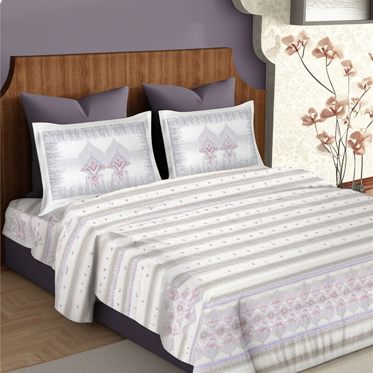 Harmony Fusion Pure Cotton Royal Heritage Lavender Printed Bedsheet