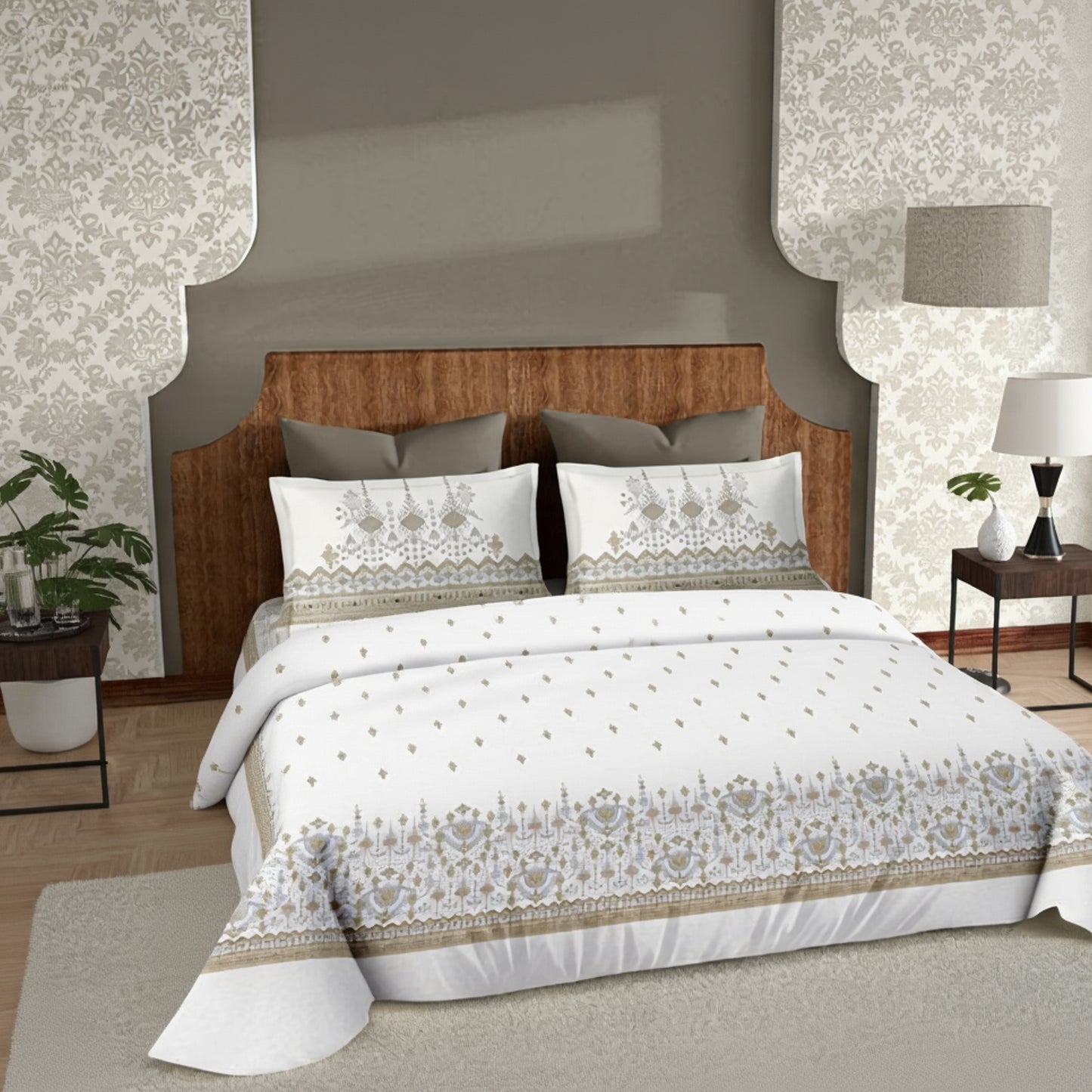 Harmony Fusion Pure Cotton geometric motif golden brown Printed Bedsheet