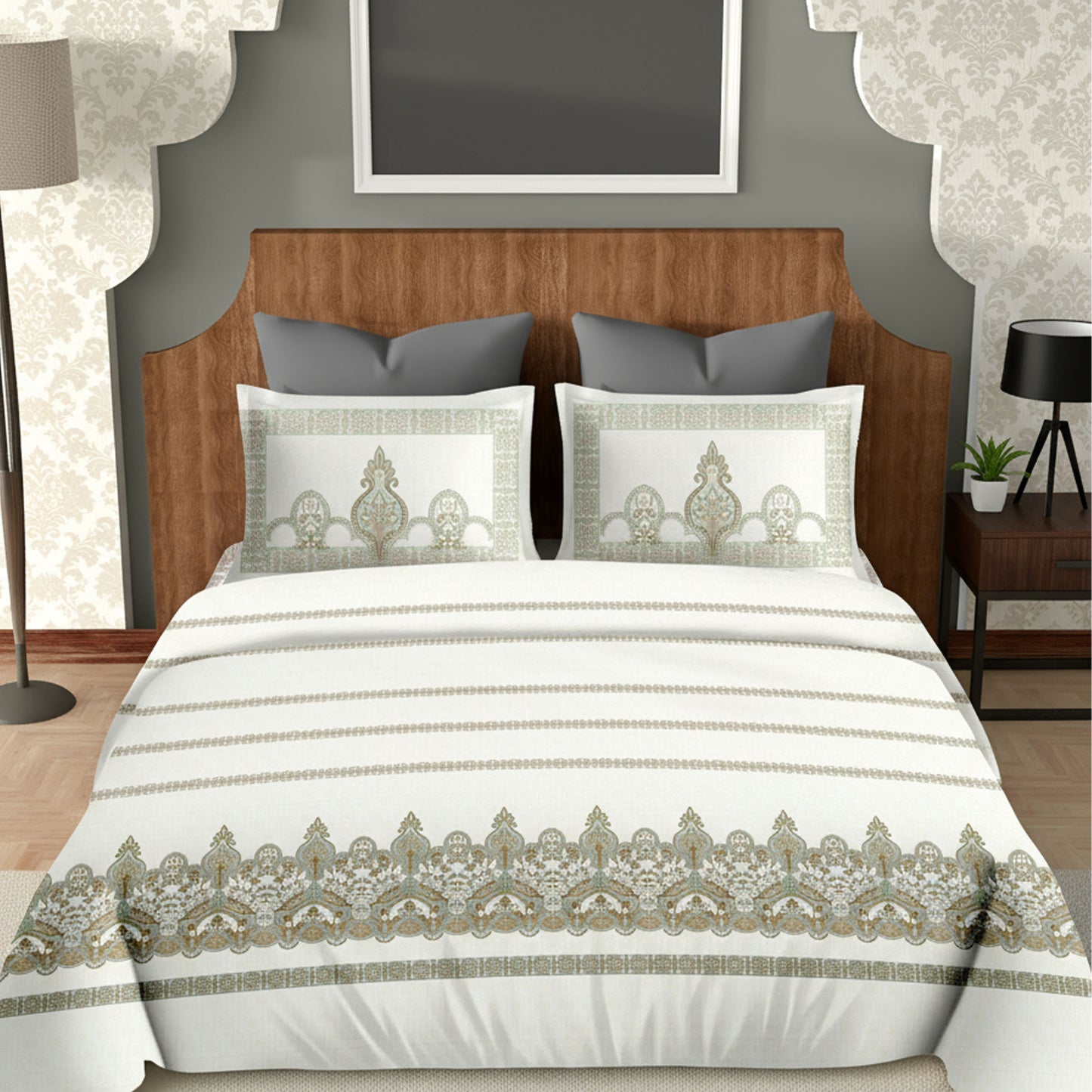 Harmony Fusion Pure Cotton Royal Charm Olive Green Printed Bedsheet