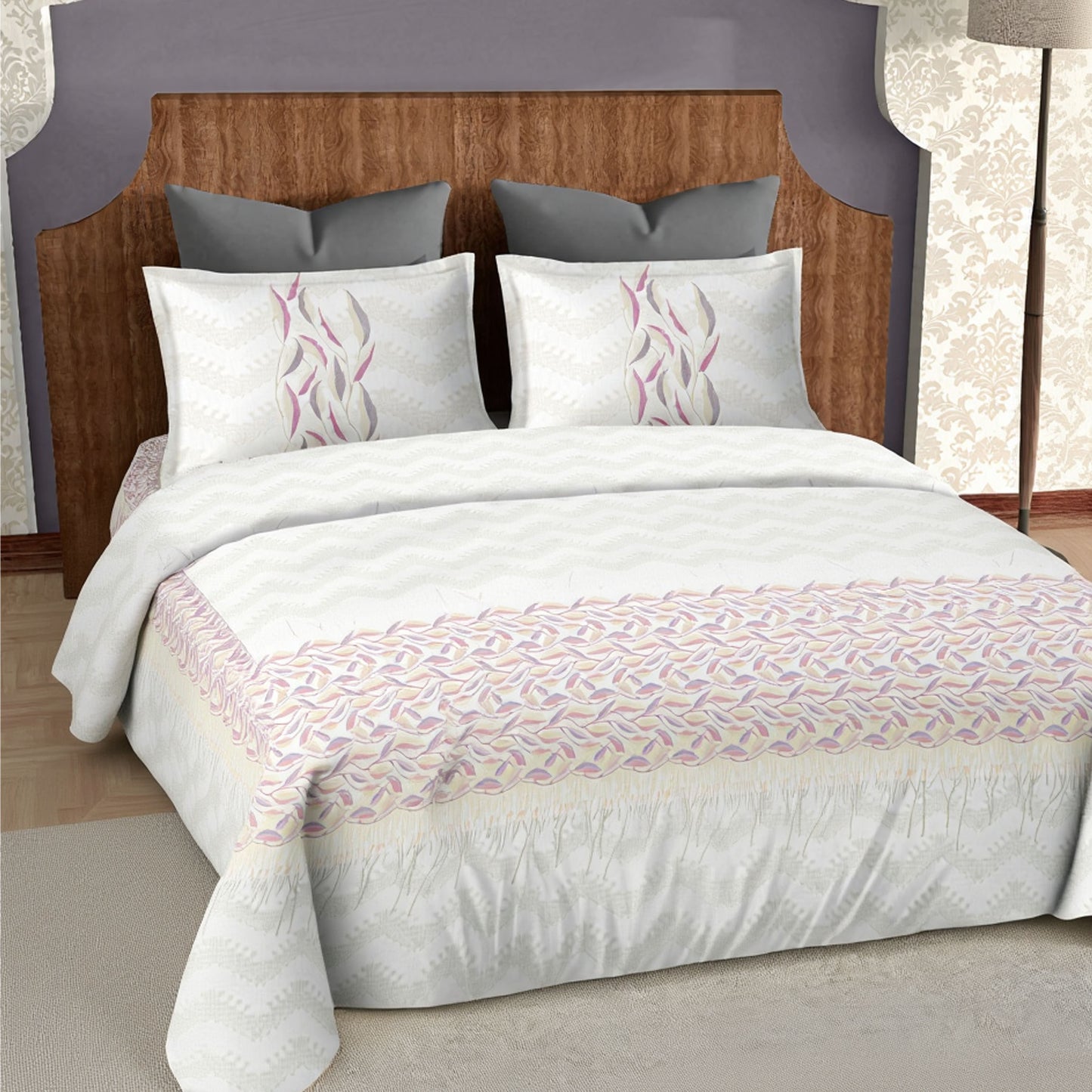 Harmony Fusion Pure Cotton Feather Flow Pink Printed Bedsheet