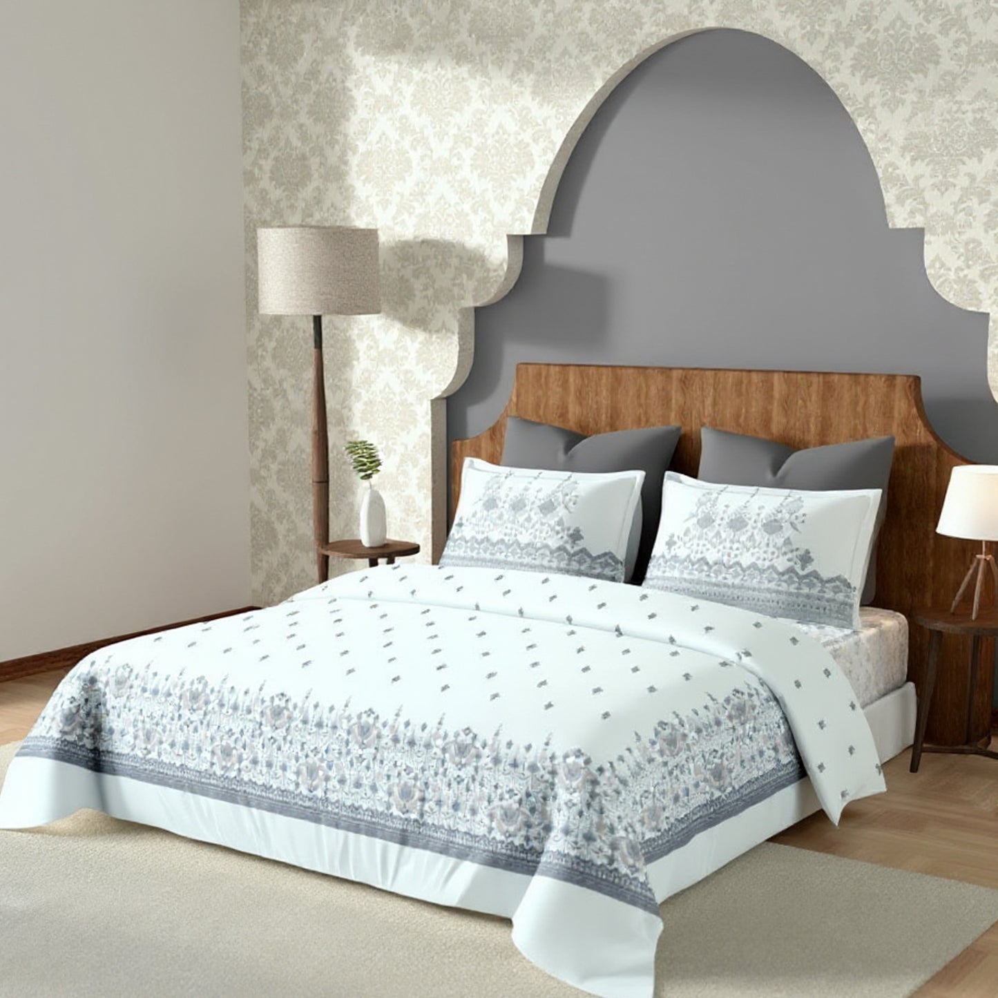 Harmony Fusion Pure Cotton geometric motif Grey Printed Bedsheet