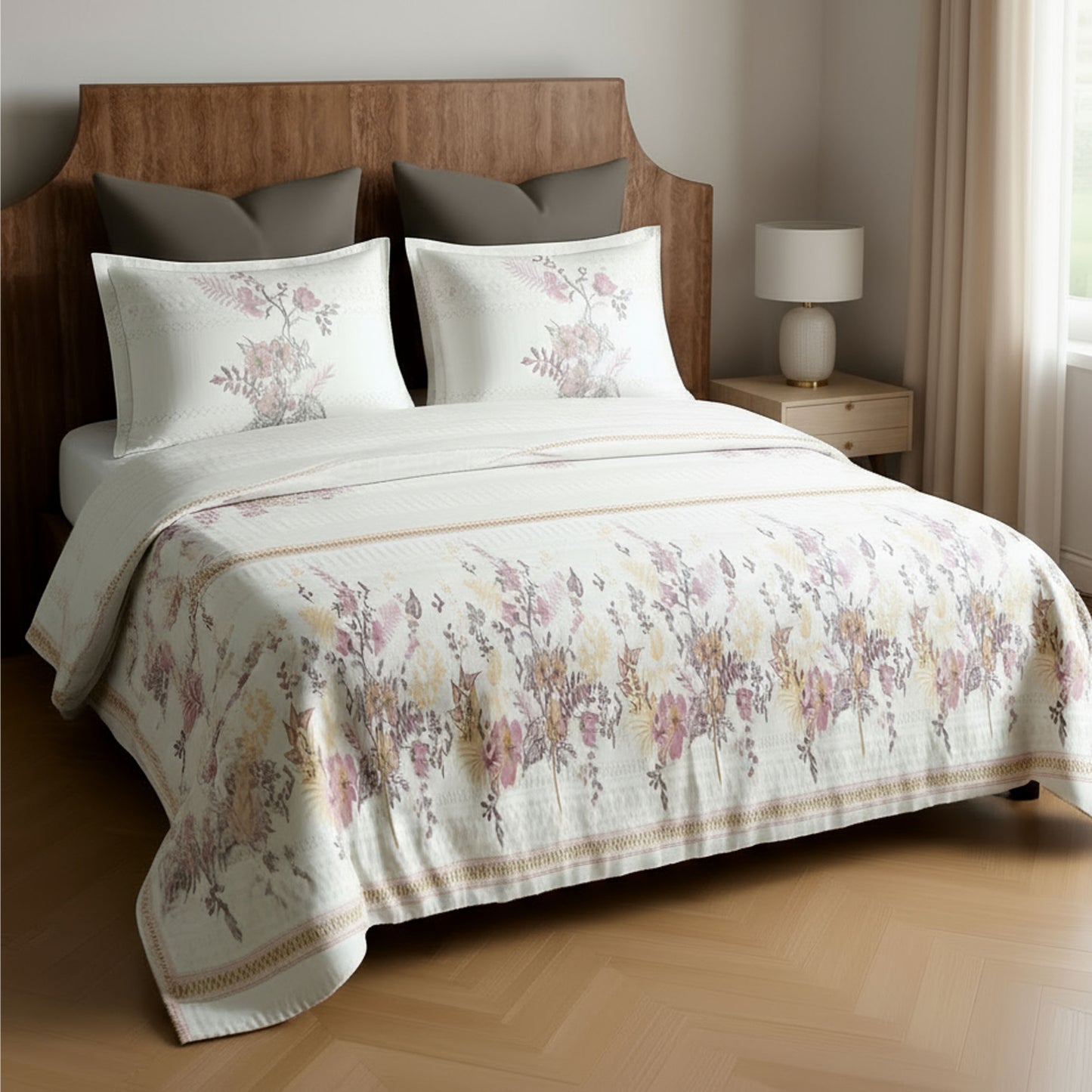 Harmony Fusion Pure Cotton Floral Pink Printed Bedsheet