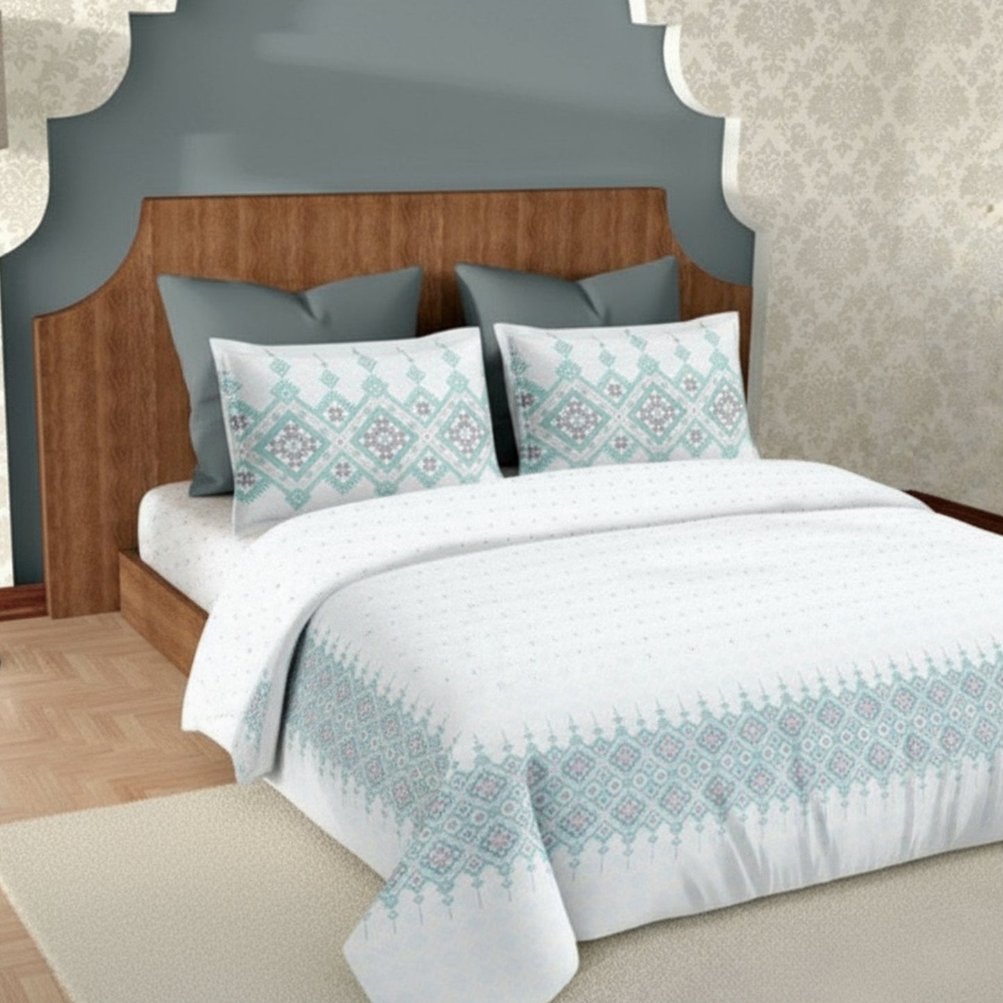 Harmony Fusion Pure Cotton Heritage Grid mist blue Printed Bedsheet