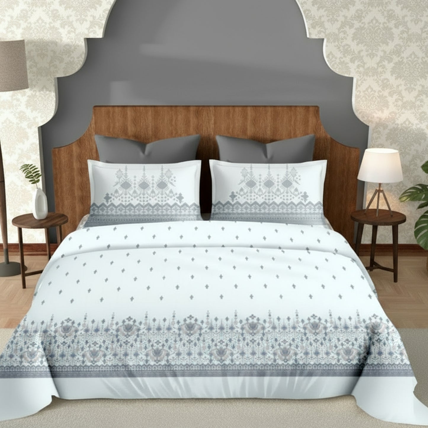 Harmony Fusion Pure Cotton geometric motif Grey Printed Bedsheet