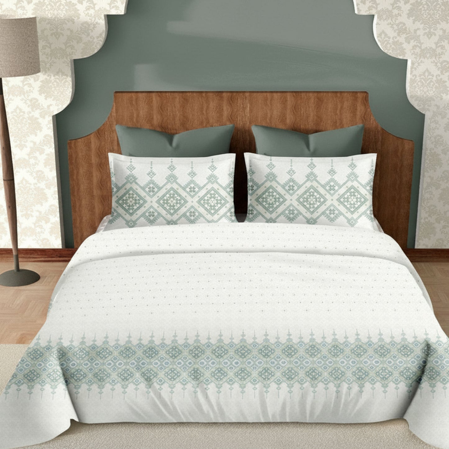 Harmony Fusion Pure Cotton Heritage Grid olive green Printed Bedsheet