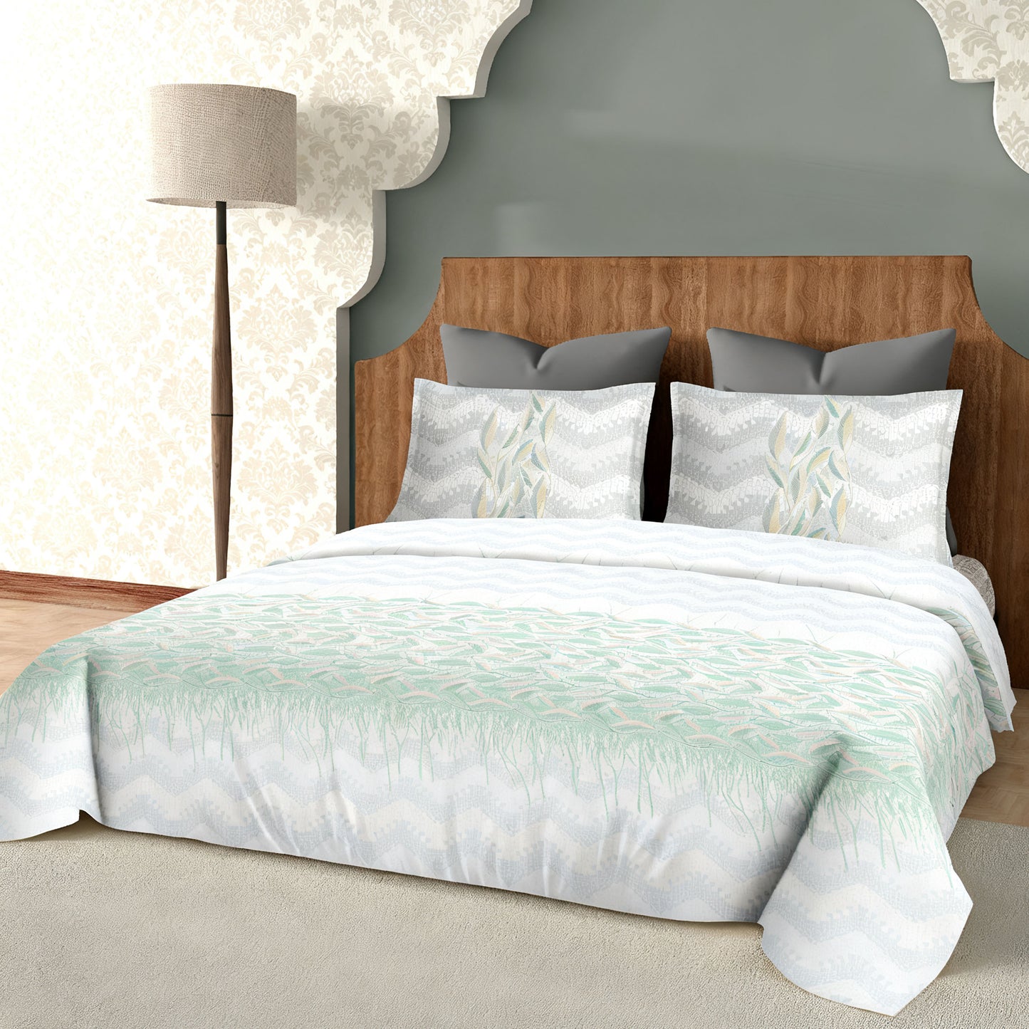 Harmony Fusion Pure Cotton Feather Flow sea green Printed Bedsheet